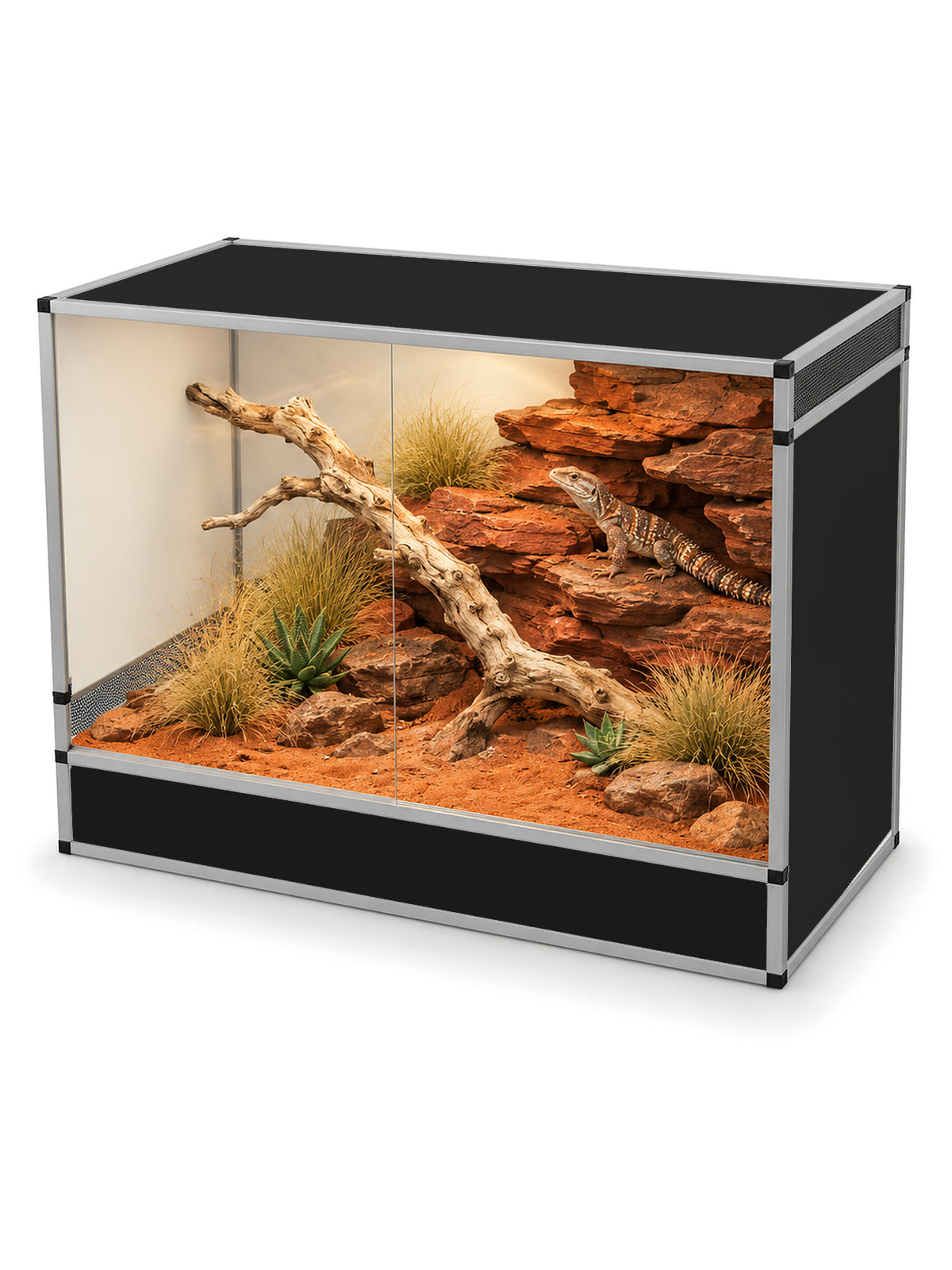 Terrarium terrestre en aluminium 120 x 60 x 90 cm, finition noire, aménagé en décor désertique de roches rouges avec un varan à queue épineuse